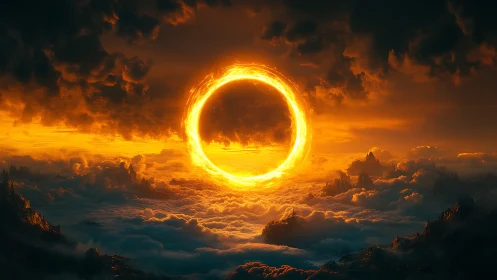 Fiery celestial ring suspends above cloudscape in dramatic chiaroscuro