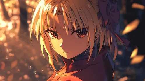 Blonde anime swordswoman in dusk forest light portrait.