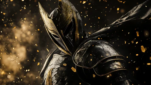 Gilded shadow knight in burning embers and drifting ash.