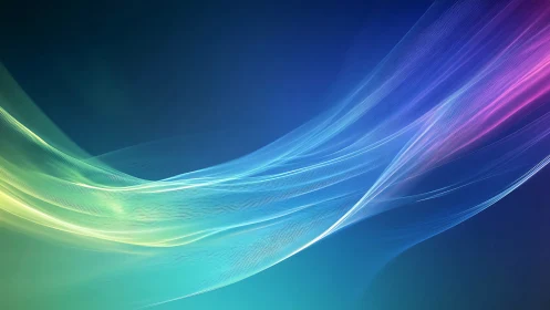 Iridescent light waves stream across deep blue gradient.