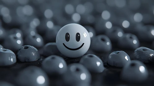 Smiling glossy sphere among matte rounded forms in bokeh field