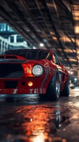 Red muscle car underpass scene with wet neon reflections.