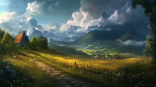 Sunlit mountain valley path leading toward a quiet village.