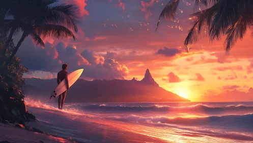 Sunlit surfer silhouette beneath radiant tropical sunset.