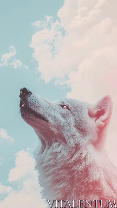 White canine profile is rendered against pastel clouded sky