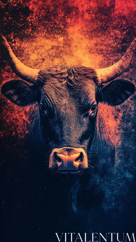 Digital painting bull portrait with neon duotone contrast.