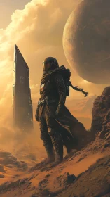 Armored astronaut surveys windswept desert moon with monolithic portal