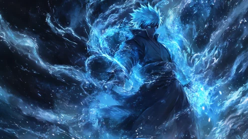 Ice-haired anime mage commanding swirling blue energy.