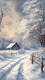 Snow-laden rural track curves toward log cabin under soft dusk sky