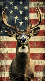 Stag with large antlers before worn American flag backdrop.