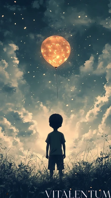 Young dreamer beneath a glowing sky balloon of scattered light.