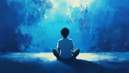 Solitary child seated before expansive abstract blue field.