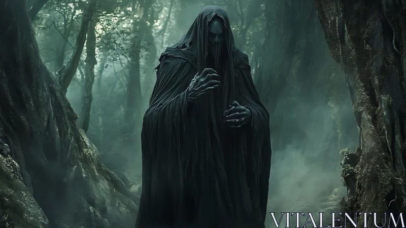 Shadowed forest wraith pausing in a hush of green mist.