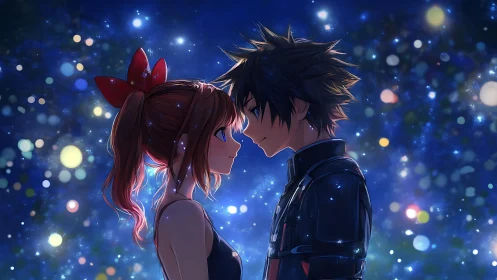 Starlit anime couple share a tender, glowing moment together.