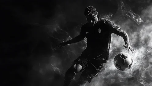 Monochrome dynamic footballer in high-contrast digital rendering.