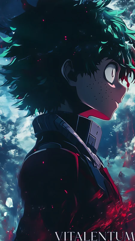 Side profile of green haired anime boy in hero costume.