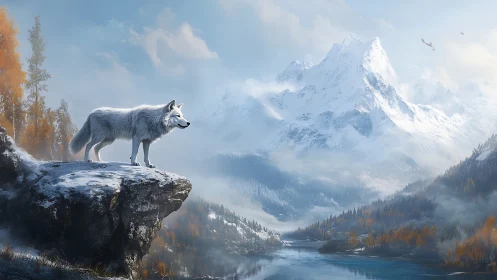 White wolf on cliff above misty alpine mountain valley.