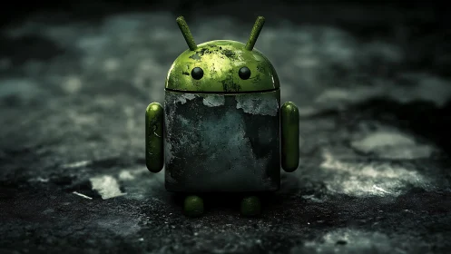 Weathered little android standing strong in the dark.
