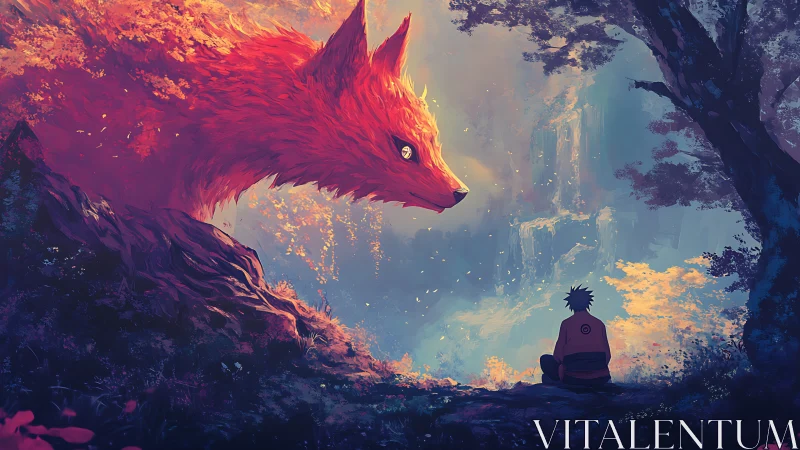 Naruto facing giant red fox spirit in luminous forest scene.