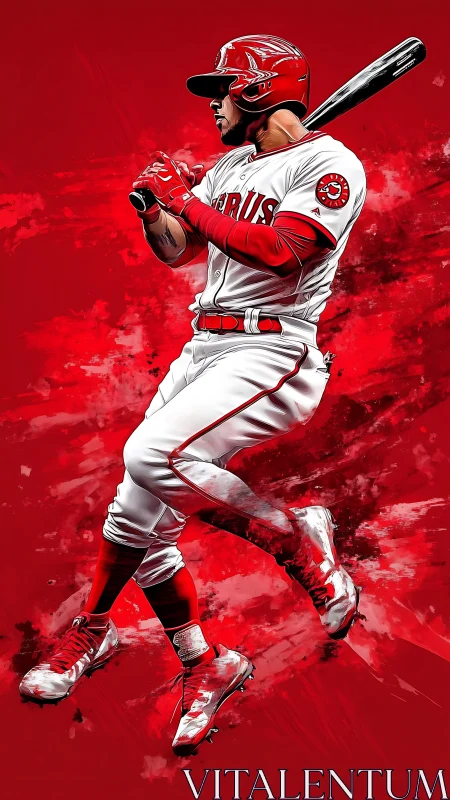 Dynamic red baseball slugger explodes from abstract backdrop