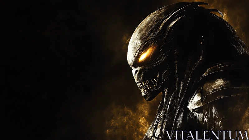 Armored alien predator outlined by molten golden light.