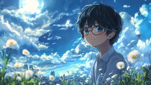 Boy with glasses in blue sky city meadow scene.