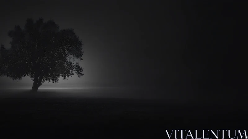 Solitary deciduous tree in dense nocturnal fog backlit softly