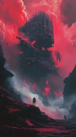 Crimson storm sky crowns a lone wanderer before dark tower