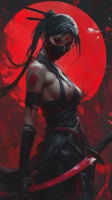 Masked bloodstained kunoichi before crimson moon backdrop.