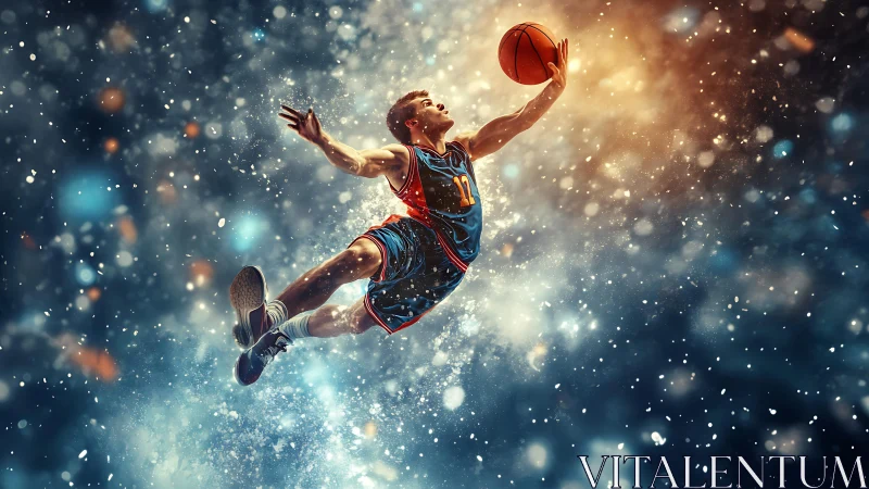 Basketball player soars through glowing cosmic arena sky