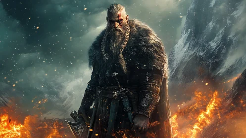 Armored warrior with axe amid fire and snowy mountains.