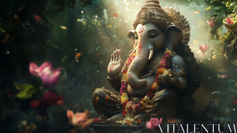 Ganesha statue sits in forest clearing with garlanded detail