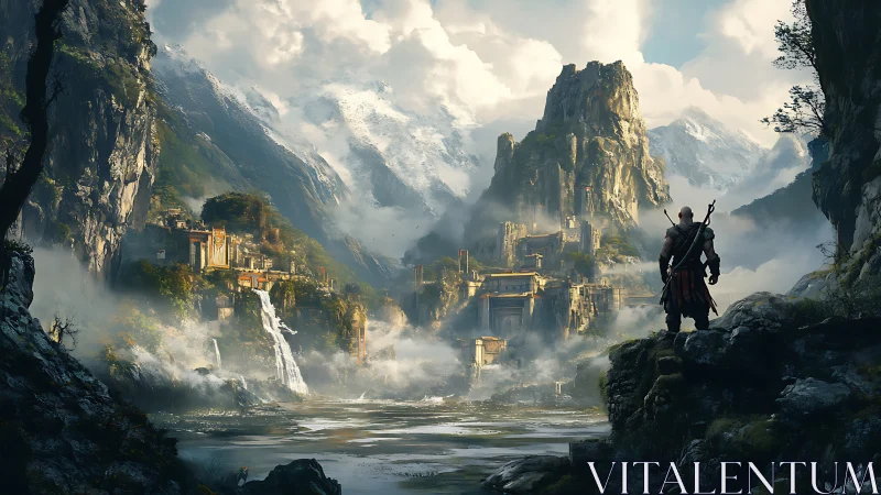 Warrior overlooks misty fortress valley beneath icy peaks.