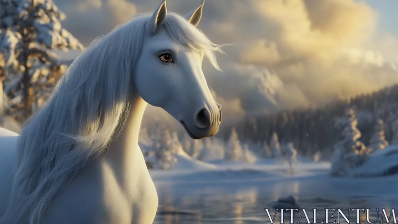 Snowlit stallion dreaming beside a winterglass river.