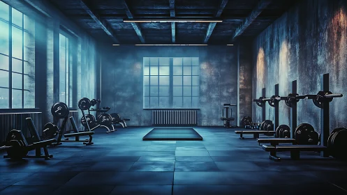 Industrial strength training room with free weights and racks.