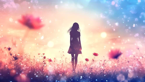 Silhouette girl wandering dreamlit meadow at pastel sunrise.