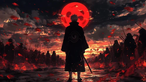 Silhouetted figure before red moon amid armed crowd.