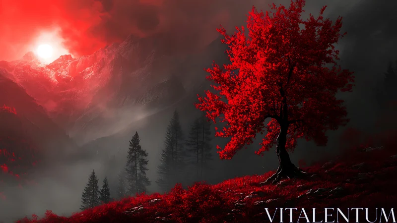 Solitary crimson tree under infernal mountain sunrise.