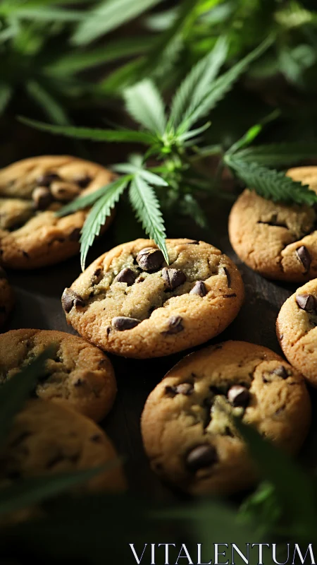 Cannabis chocolate chip cookies rest among fresh green leaves