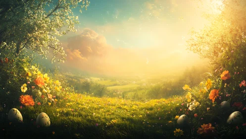 Sunrise meadow dreamscape cradling secret painted eggs.
