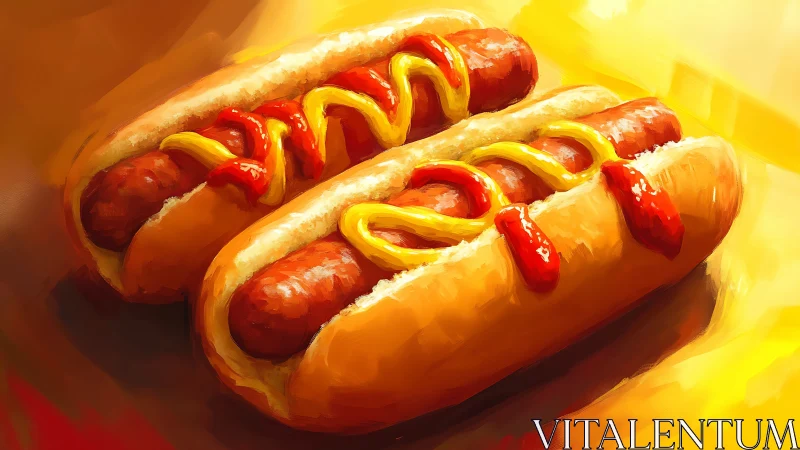 Twin hot dogs in painterly light with vivid condiments.