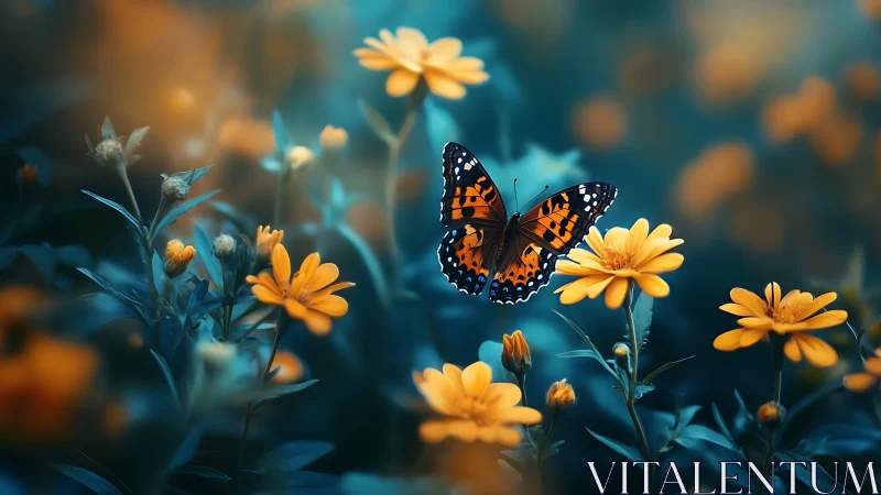 Butterfly-laden bokeh field with teal-gold chromatic contrast.