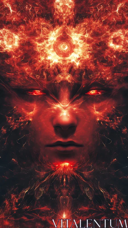 Symmetric fiery visage with central energy formations.