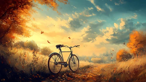 Bicycle Rests on Autumn Path Beneath Golden Sky.