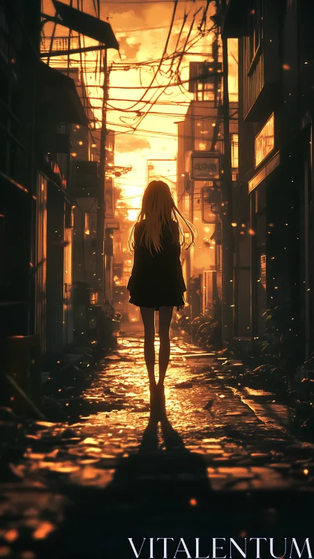 Lonely girl walks a sunlit alley at glowing urban sunset.