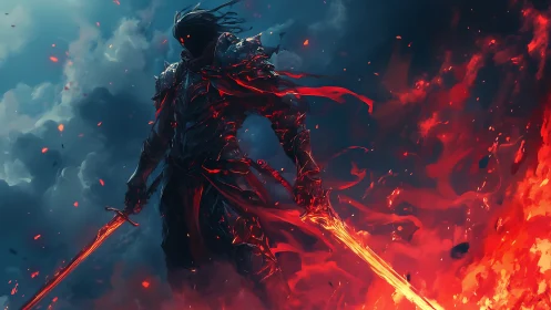 Armored dark warrior with twin flaming swords dominates inferno