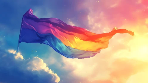 Digital painting of a luminous pride flag in radiant skyscape.