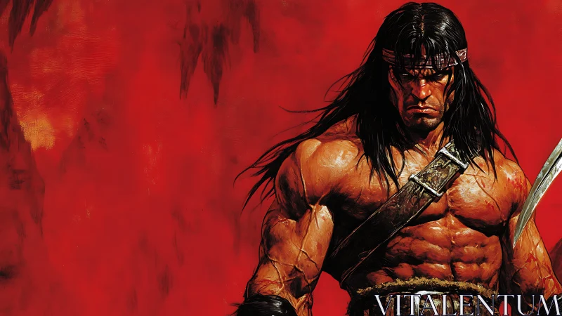 Barbarian warrior portrait emphasizes musculature against red field