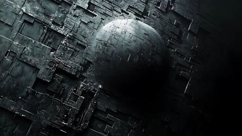 Monolithic dark sphere embedded in fractured metallic wall.