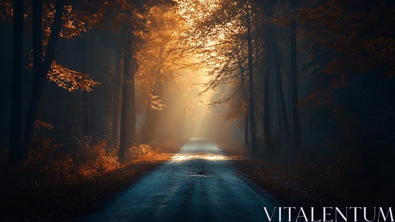 Autumn's Golden Pathway Through the Misty Forest.